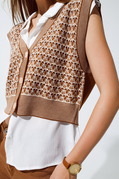 Knitted Cropped Vest With Rib Trim in Brown