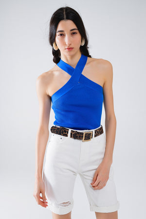 Q2 Knitted Cross Front Cropped Top in Blue