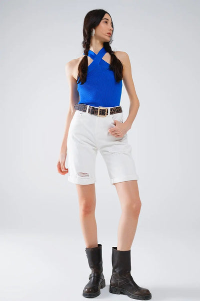 Knitted Cross Front Cropped Top in Blue - Sweaters