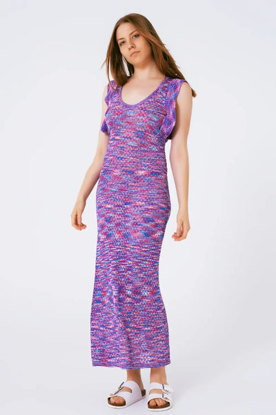 Knitted Long Dress With Chest Ruffle in Melange Purple - One Size / Blue - Dresses