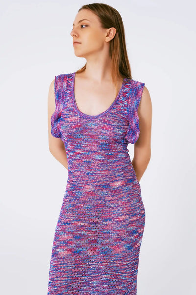 Knitted Long Dress With Chest Ruffle in Melange Purple - One Size / Blue - Dresses
