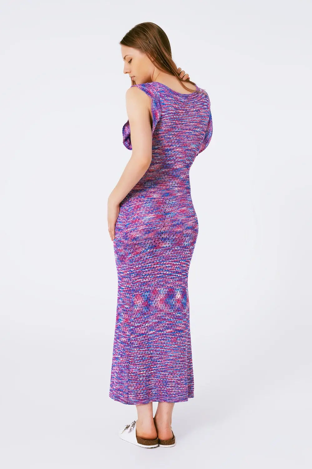 Knitted Long Dress With Chest Ruffle in Melange Purple - One Size / Blue - Dresses