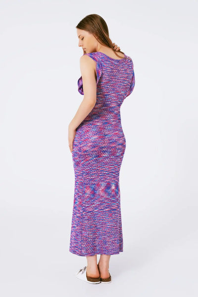 Knitted Long Dress With Chest Ruffle in Melange Purple - One Size / Blue - Dresses