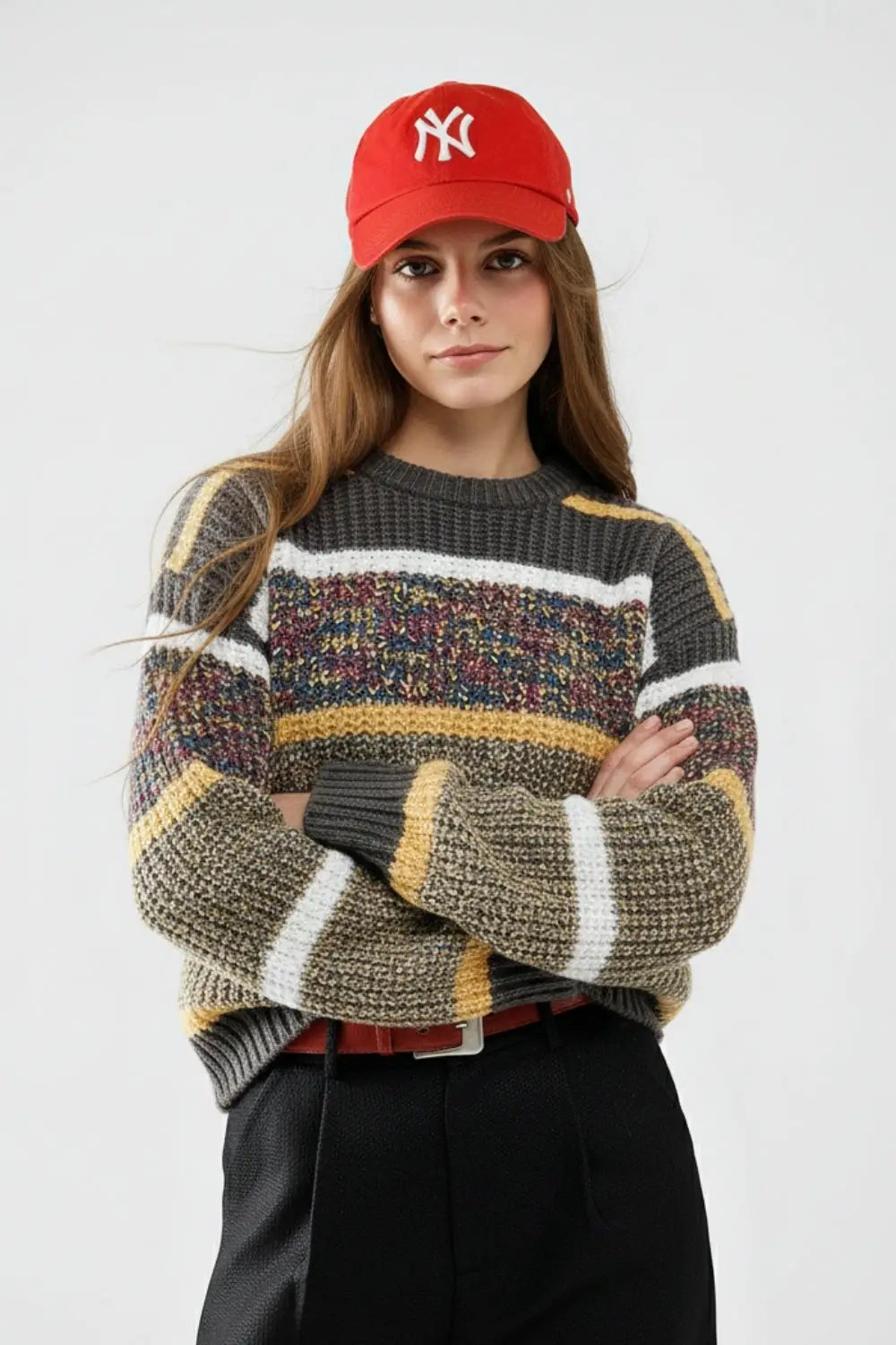 knitted long sleeve sweater in stripe with multiple colors - Sweaters