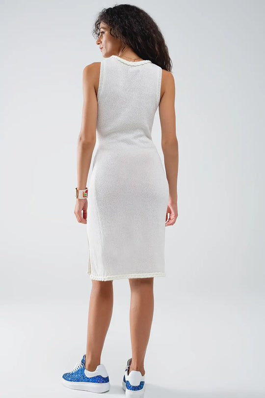 Knitted Midi Dress With Braided Detail in Cream - One Size / White - Dresses