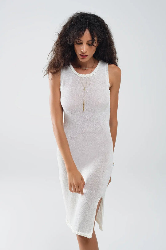 Knitted Midi Dress With Braided Detail in Cream - One Size / White - Dresses