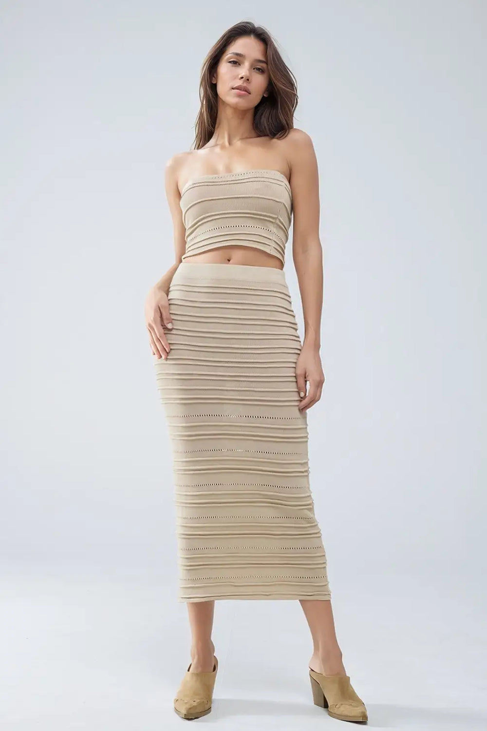 Knitted Midi pencil Skirt in Beige - One Size / Beige - Skirts