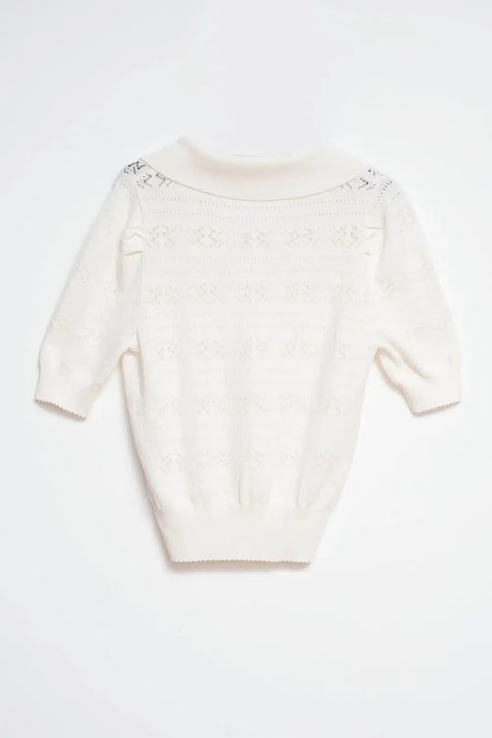 Knitted pointelle polo neck jumper in cream - Sweaters