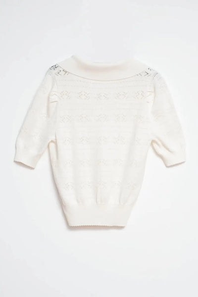 Knitted pointelle polo neck jumper in cream - Sweaters