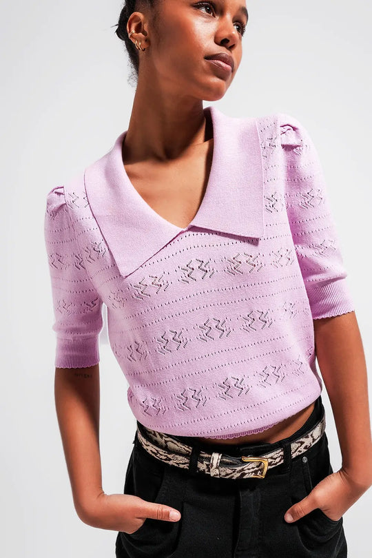 Knitted pointelle polo neck jumper in pink - Sweaters