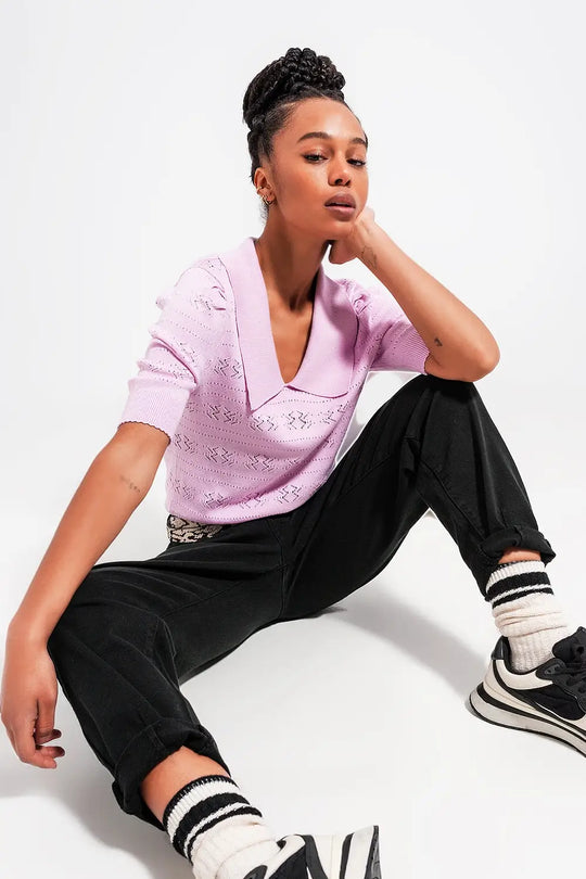 Knitted pointelle polo neck jumper in pink - Sweaters