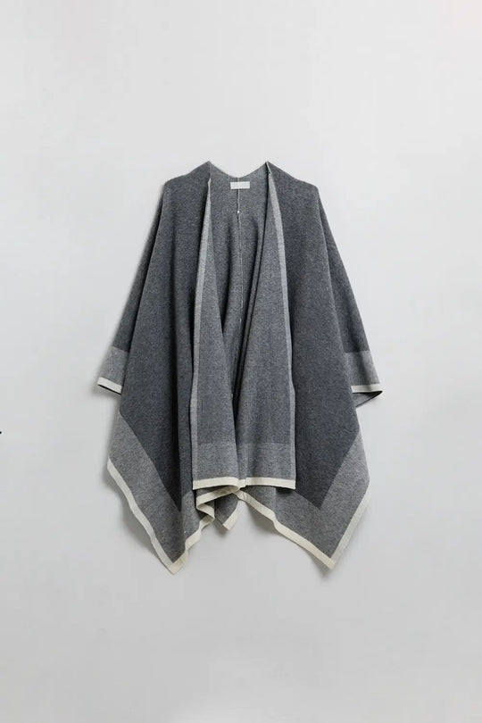 Knitted poncho in grey with ecru trim - One Size / Grey - Sweaters