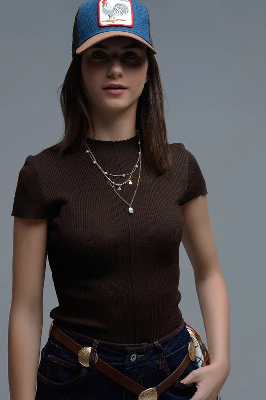 Knitted Rib Featherweight Tuckable sweater in Brown - Sweaters