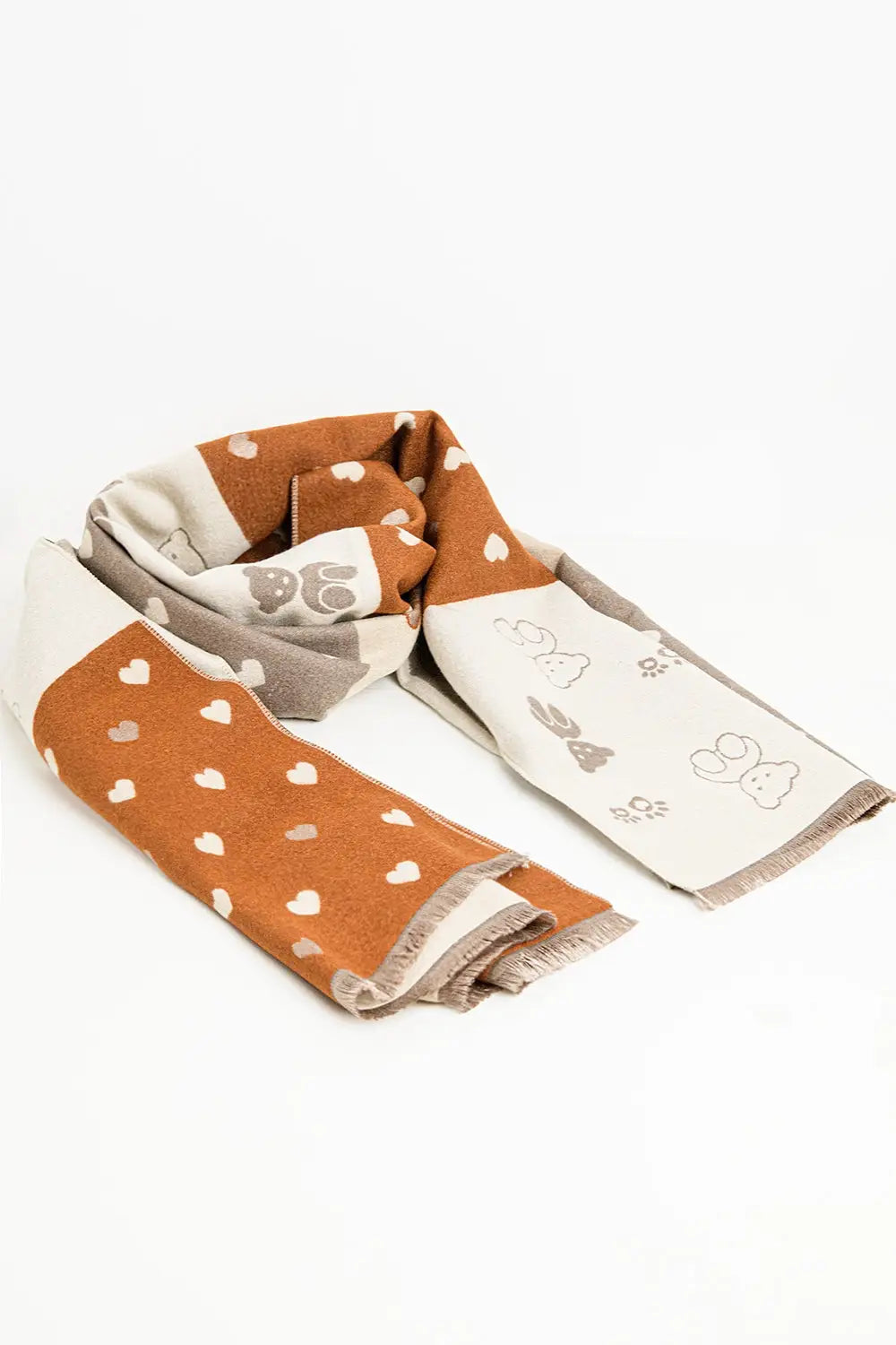 Knitted scarf with teddy bear and heart print - One Size / Brown - Scarves & Hats