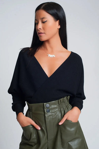 Knitted sweater with wrapped V-neck in black - Sweaters
