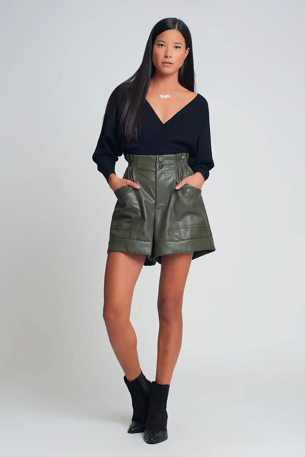 Knitted sweater with wrapped V-neck in black - Sweaters