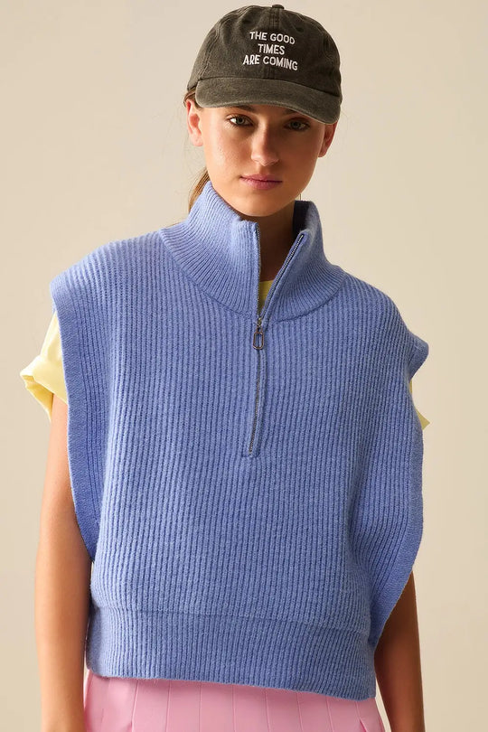 Knitted Vest With Half Zip Turtle Neck And Big Arm holes in blue - One Size / Blue - Sweaters