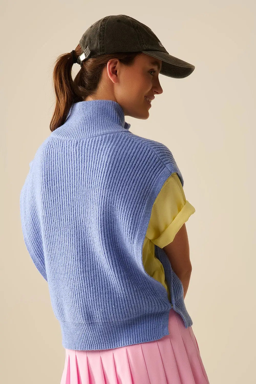 Knitted Vest With Half Zip Turtle Neck And Big Arm holes in blue - One Size / Blue - Sweaters
