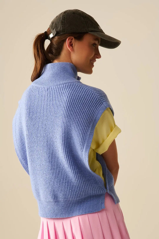 Knitted Vest With Half Zip Turtle Neck And Big Arm holes in blue - One Size / Blue - Sweaters