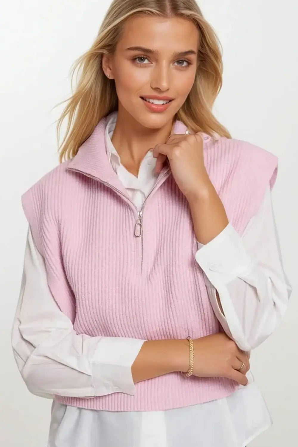 Knitted Vest with High Half-Zip Collar and Large Armholes in pink - One Size / Pink - Sweaters
