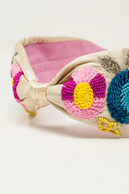 Knotted headband with embellished flowers in cream - One Size / White