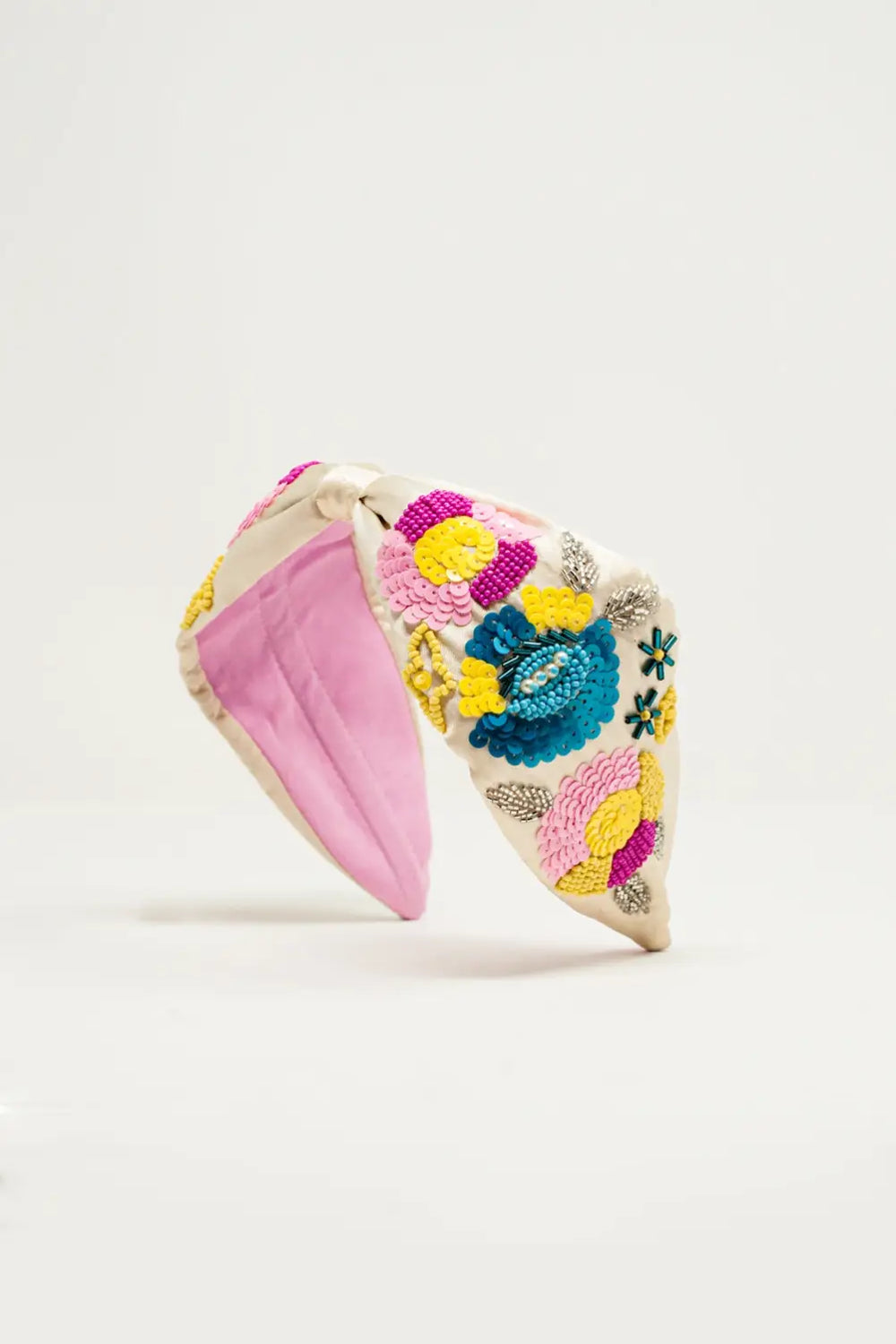 Knotted headband with embellished flowers in cream - One Size / White