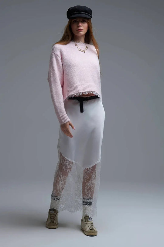 Lace Detail Relaxed Pink Sweater - One Size / Pink - Sweaters