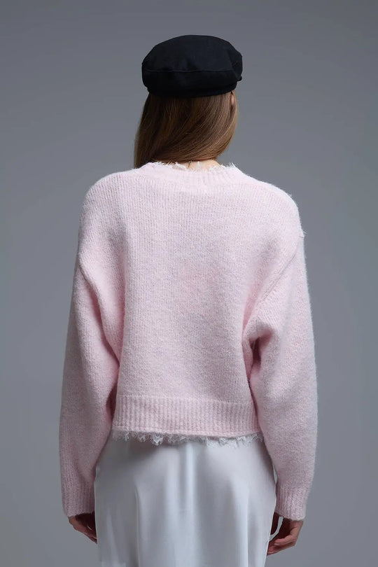 Lace Detail Relaxed Pink Sweater - One Size / Pink - Sweaters