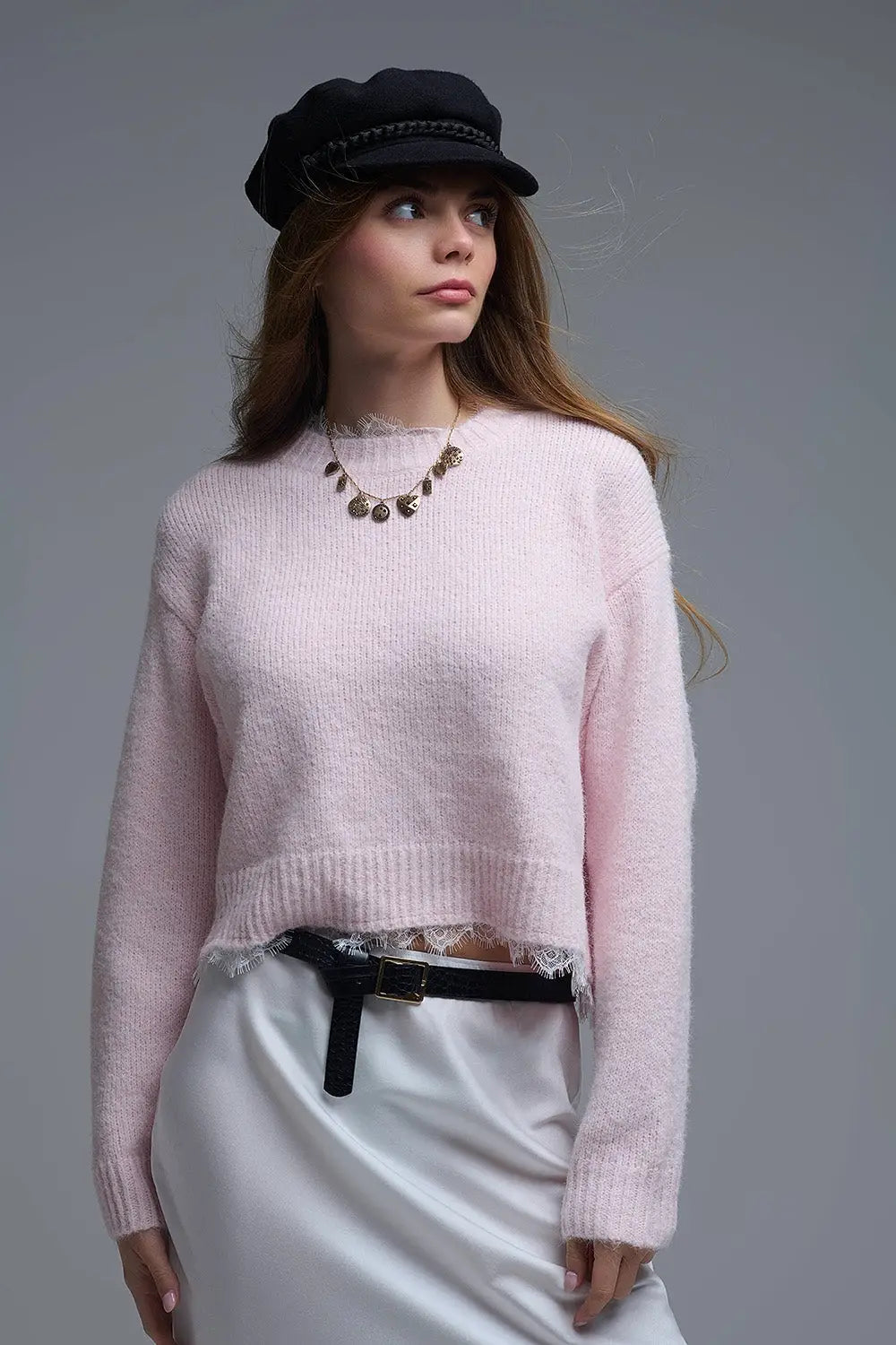 Lace Detail Relaxed Pink Sweater - One Size / Pink - Sweaters