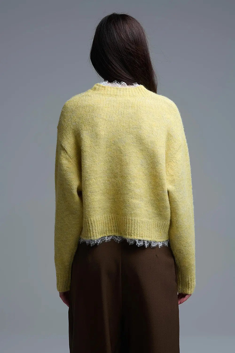 Lace Detail Relaxed Yellow Sweater - One Size / Yellow - Sweaters