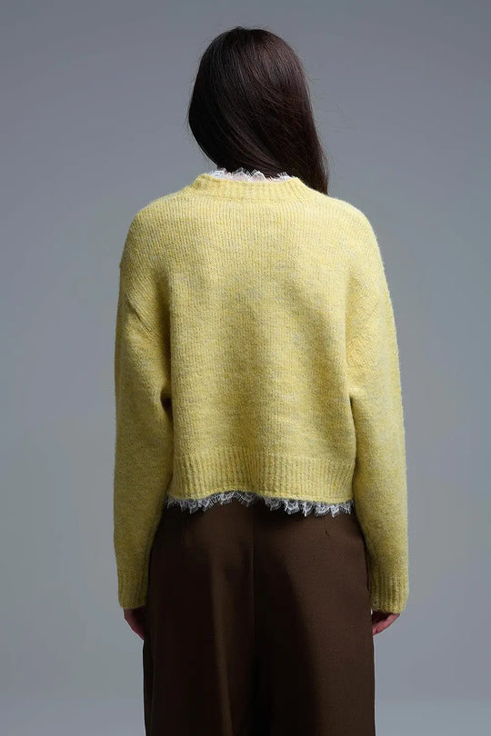 Lace Detail Relaxed Yellow Sweater - One Size / Yellow - Sweaters