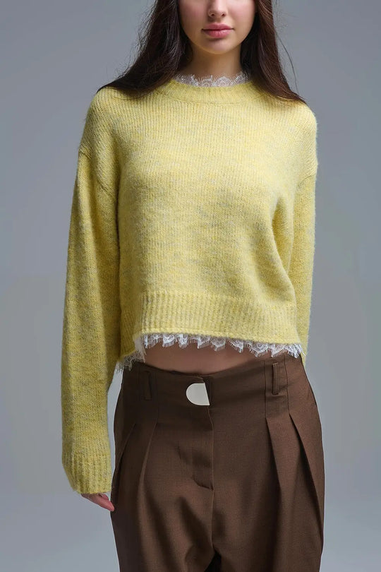 Lace Detail Relaxed Yellow Sweater - One Size / Yellow - Sweaters
