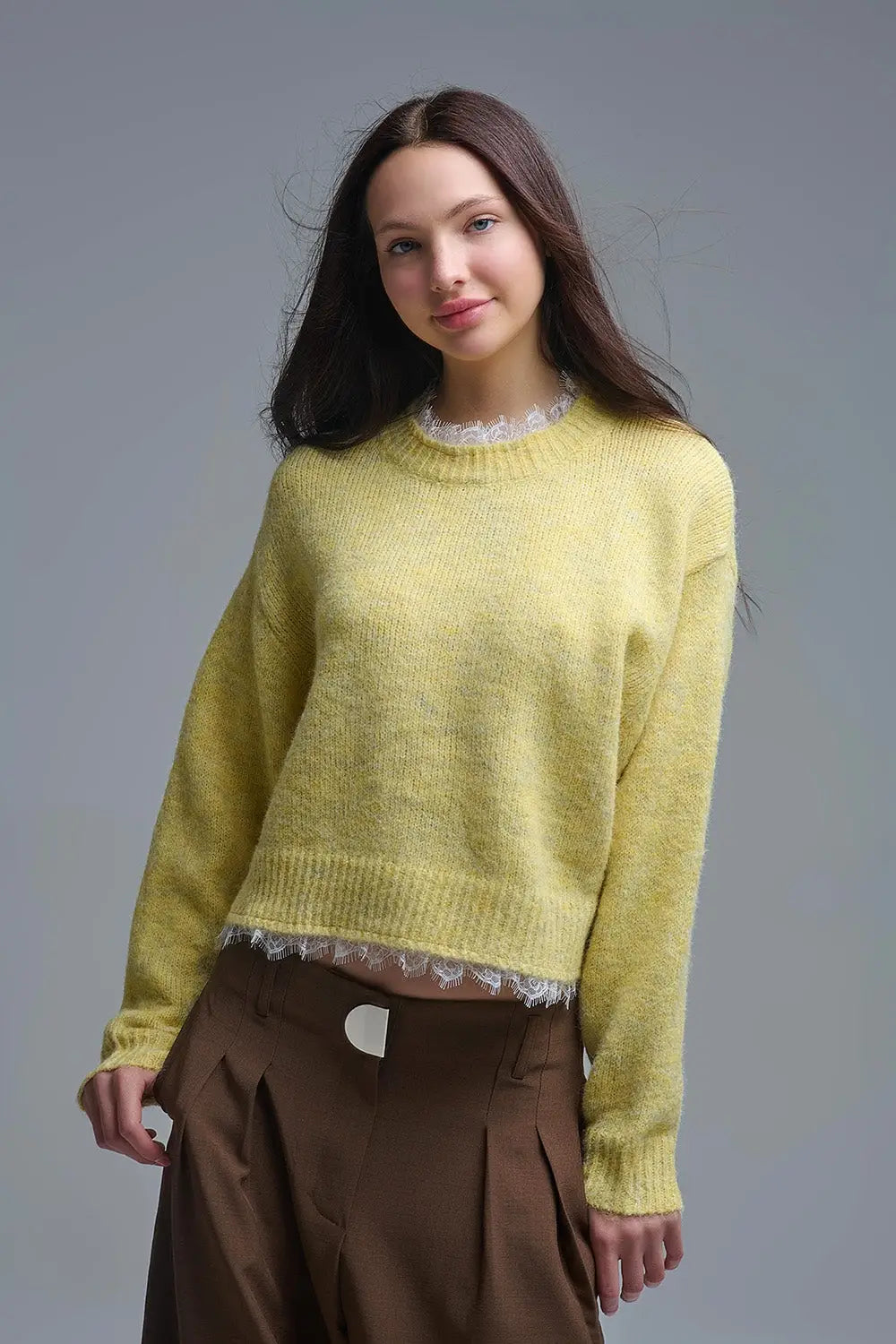 Lace Detail Relaxed Yellow Sweater - One Size / Yellow - Sweaters