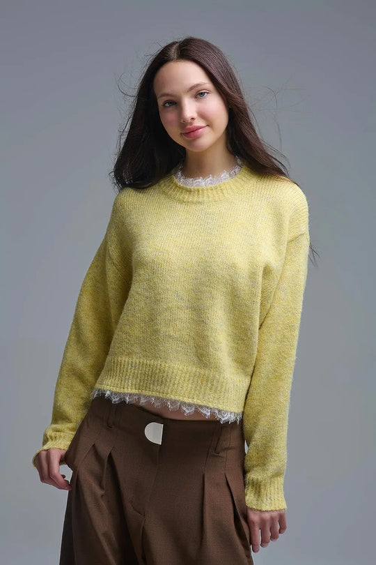 Lace Detail Relaxed Yellow Sweater - One Size / Yellow - Sweaters