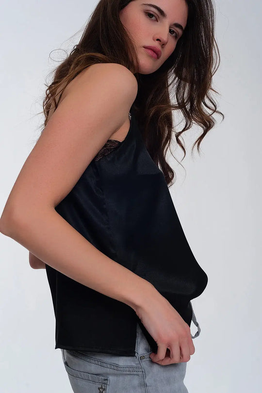 Lace insert satin cami top in black - Tops