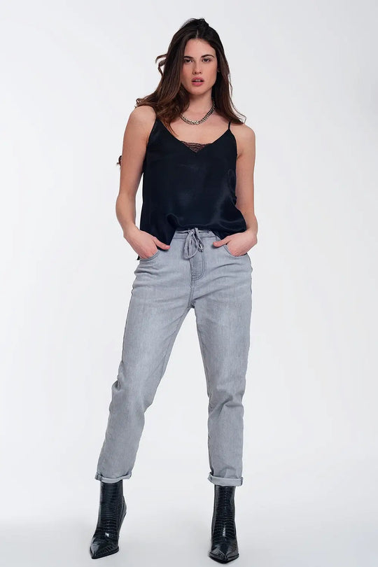 Lace insert satin cami top in black - Tops