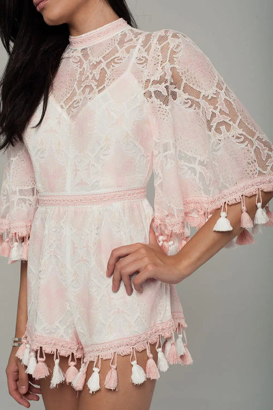 Lace romper with tassels in pink - Dresses