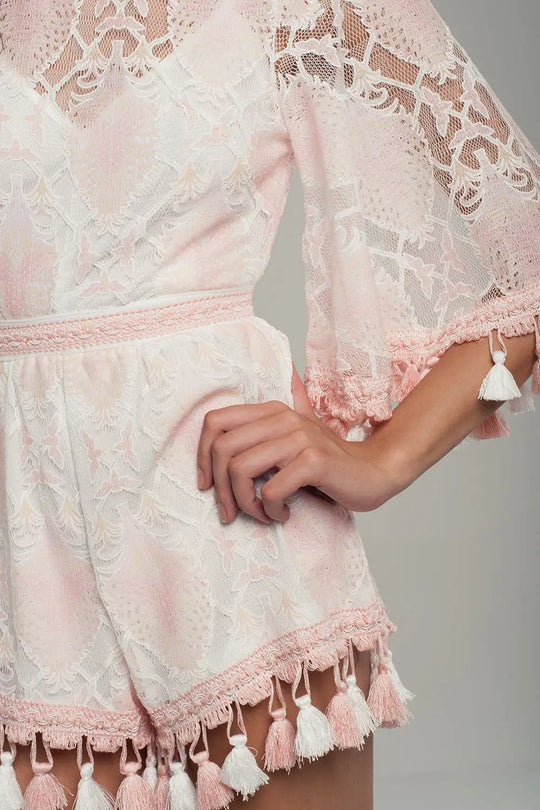 Lace romper with tassels in pink - Dresses