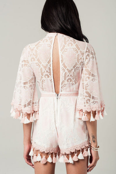 Lace romper with tassels in pink