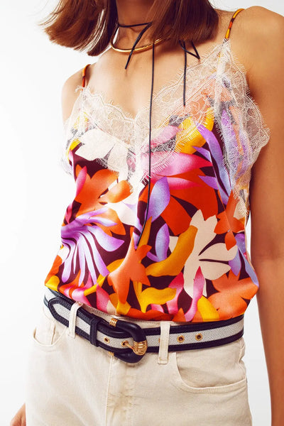 Lace Trim Detail Floral Top in Multicolour - Tops
