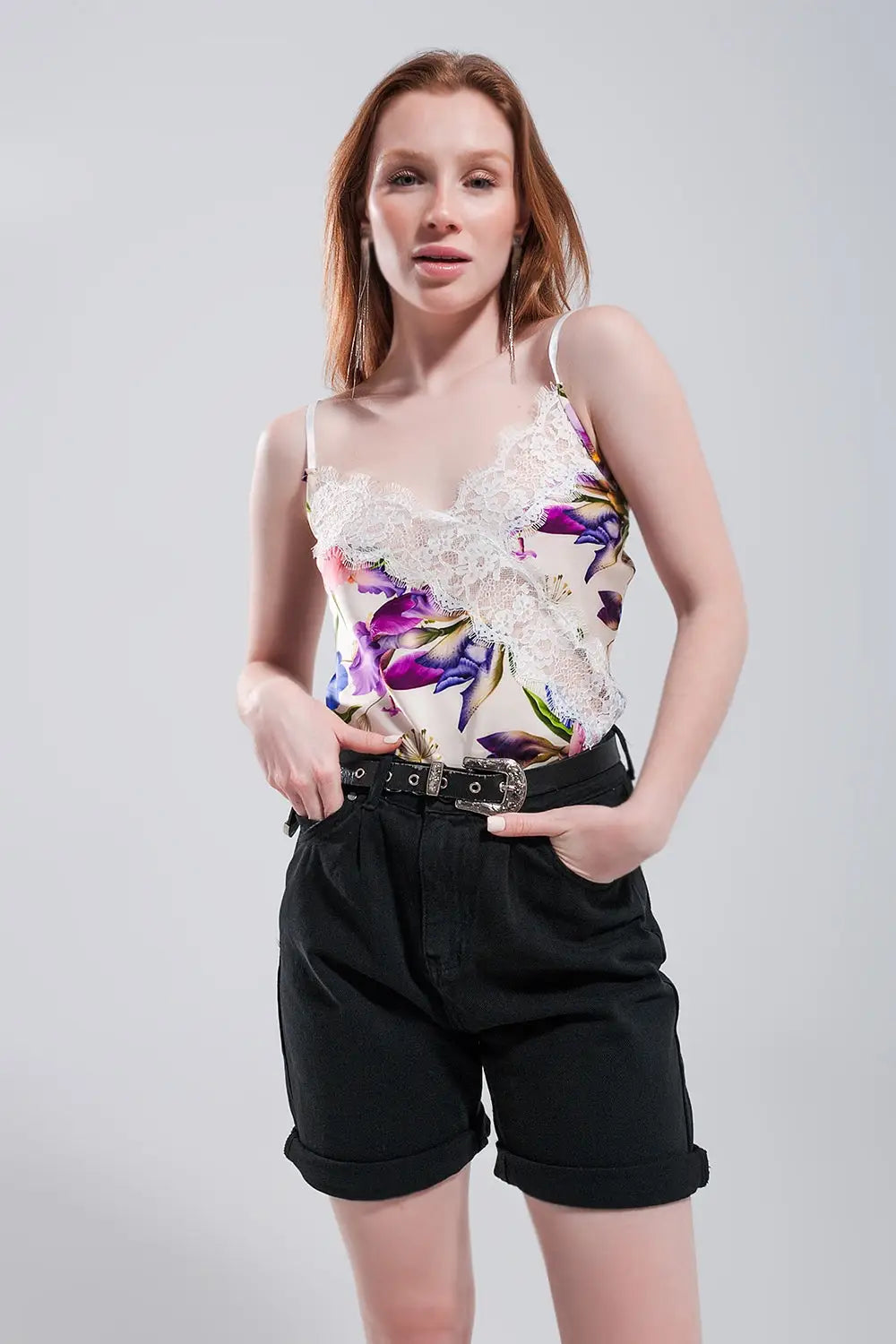 Lace trim satin cami in beige clashing floral print - Shirts