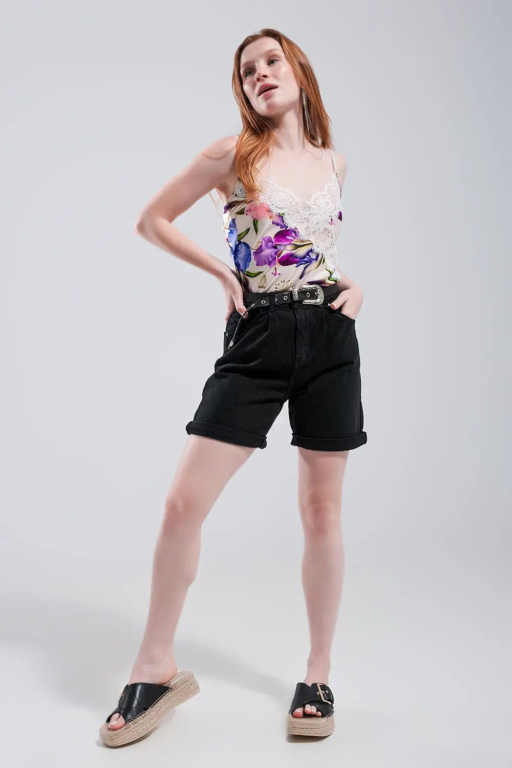 Lace trim satin cami in beige clashing floral print - Shirts