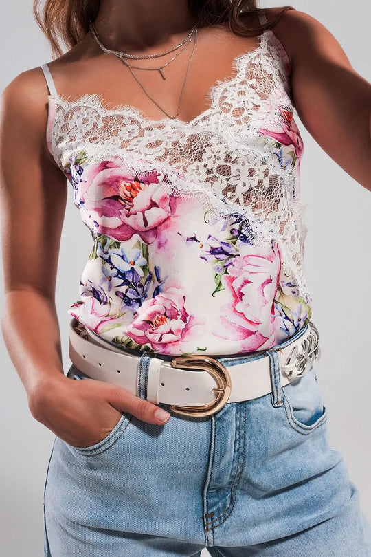 Lace trim satin cami in pink roses print - Tops