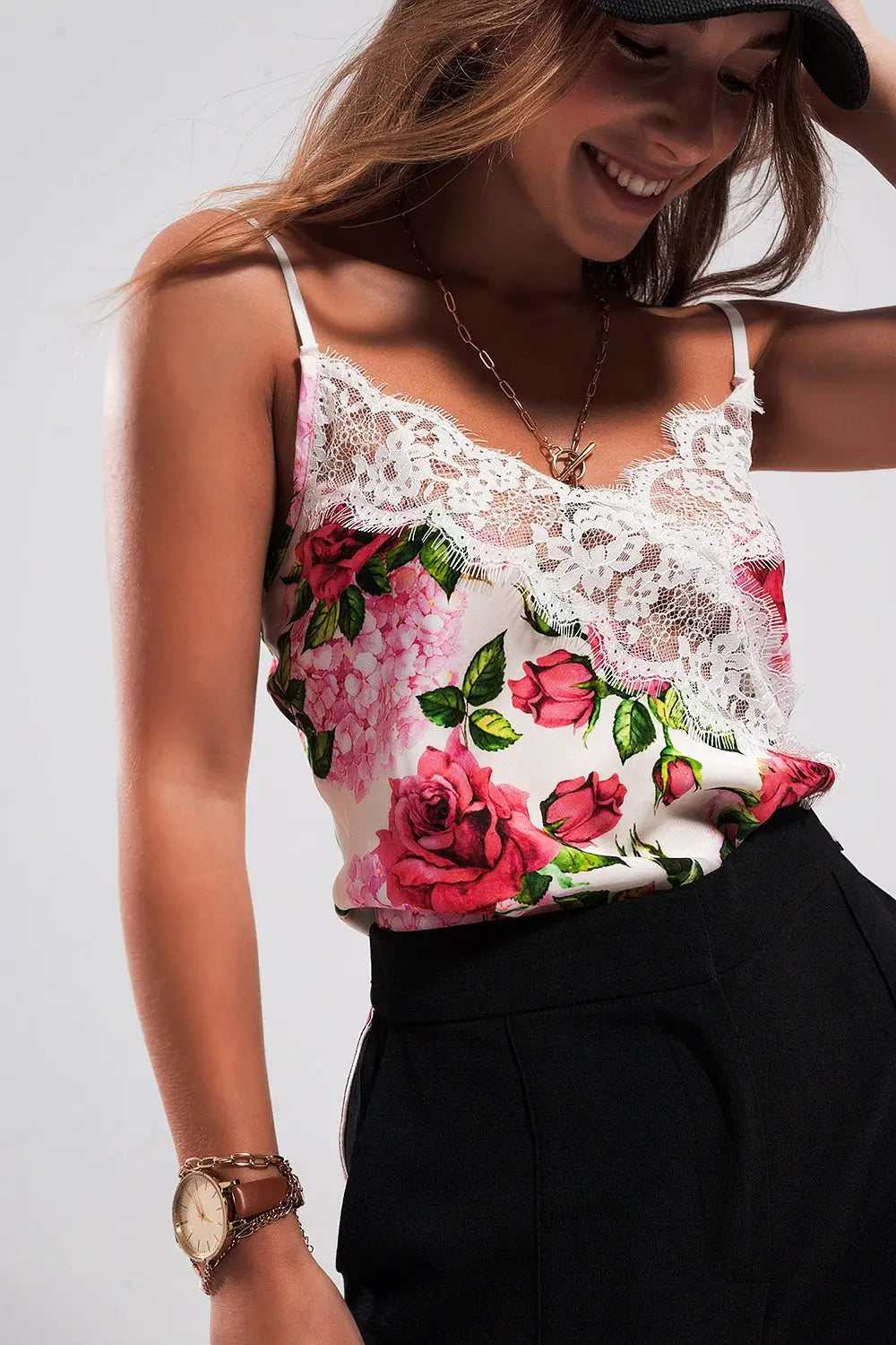 Lace trim satin cami in rose print - Tops