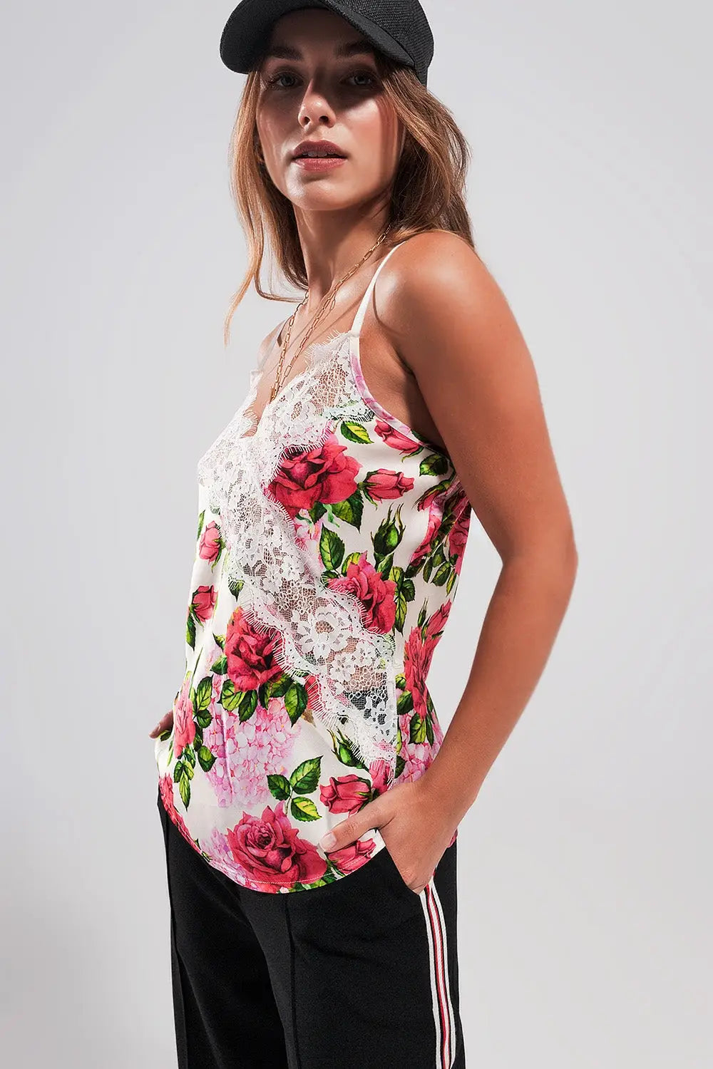 Lace trim satin cami in rose print - Tops