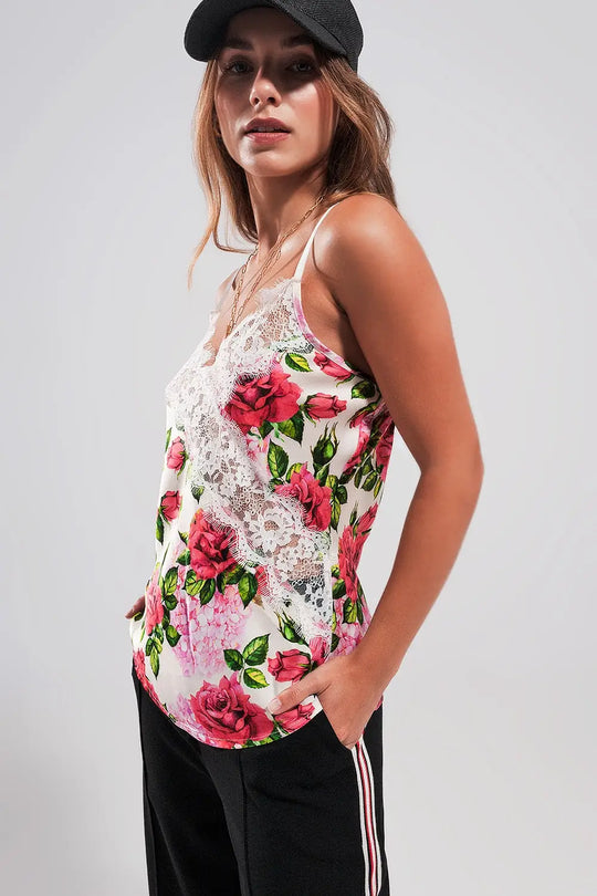 Lace trim satin cami in rose print - Tops