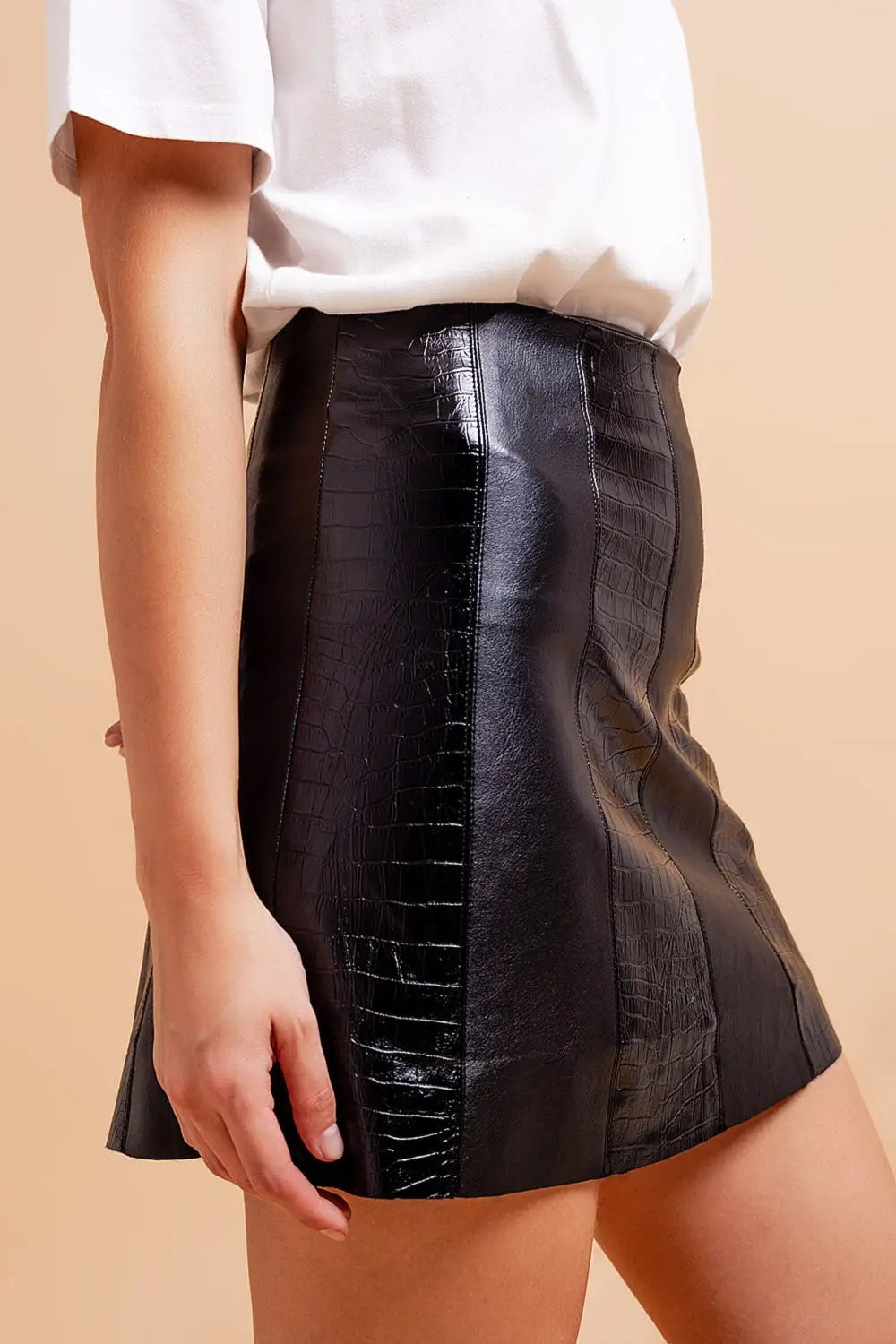 Leather look croc mini skirt in black - Skirts