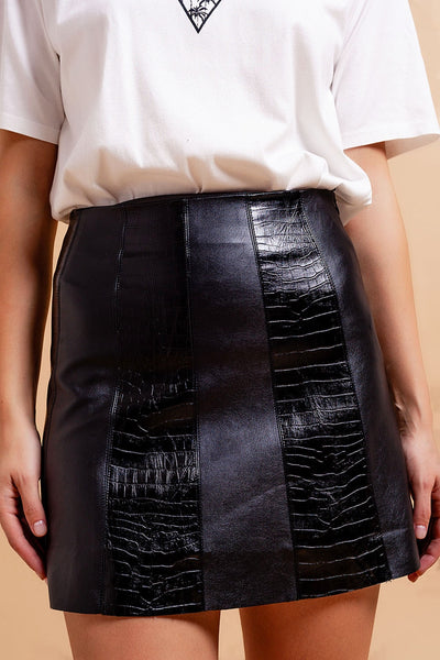 Leather look croc mini skirt in black