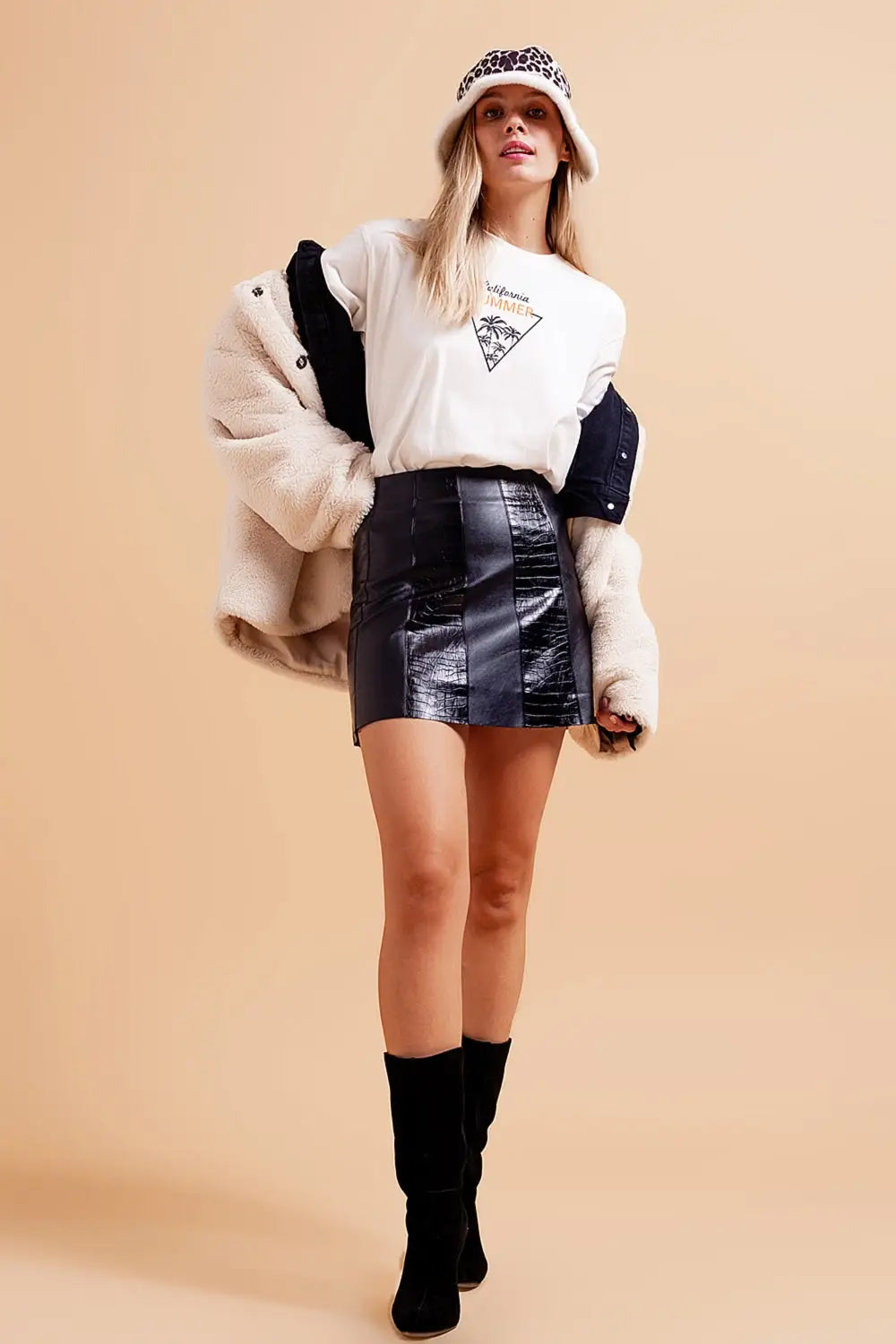 Leather look croc mini skirt in black - Skirts