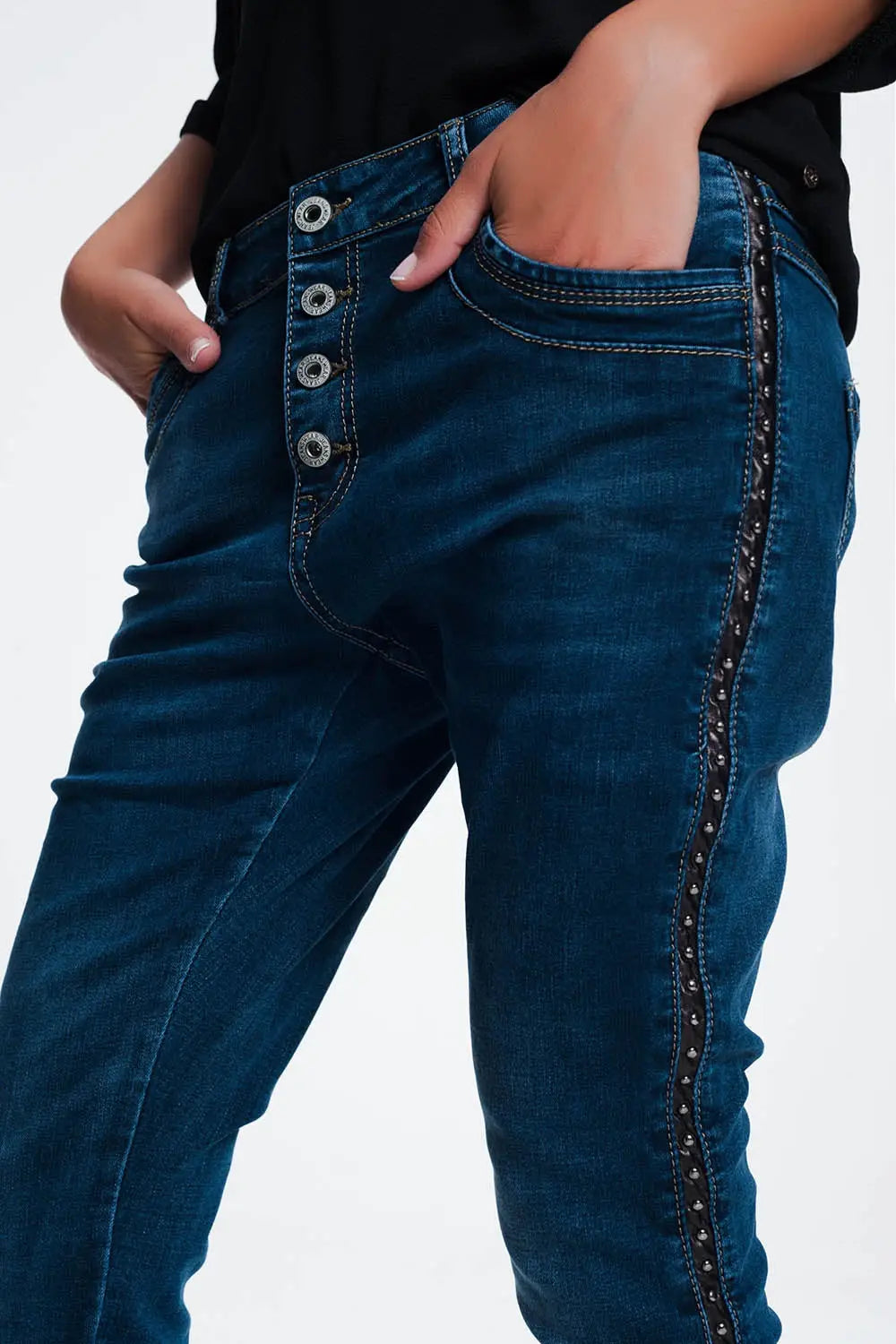 Q2 leather look studded Jeans